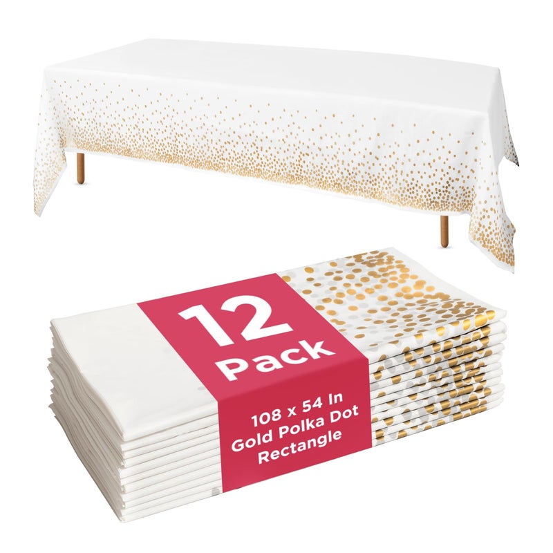 Prestee 12-Pack White and Gold Tablecloth - 54x108 Inch - Disposable Table Covers for Party, Weddings, and Holidays - Waterproof Christmas Tablecloth, Stain-Resistant Plastic Table Cover Set - Image 1